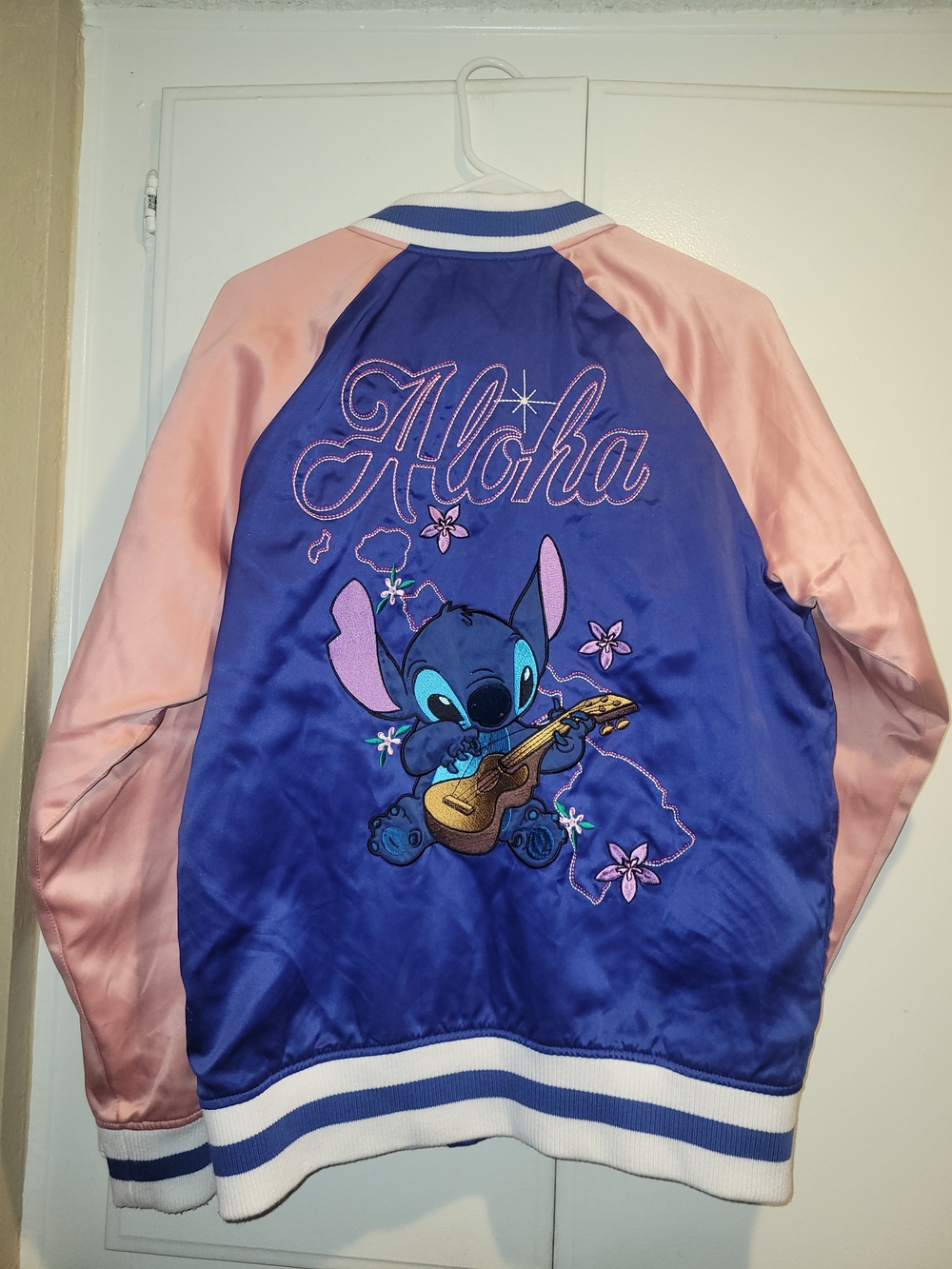 Aloha Stitch Embroidered Satin Bomber Jacket - Blue & Pink